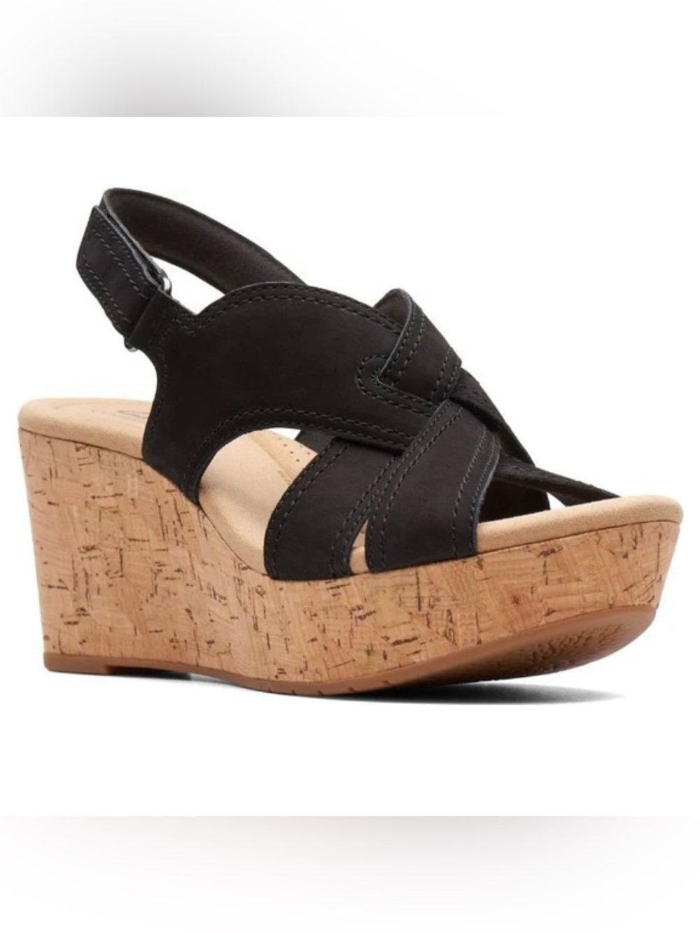 NEW Clarks Women’s Rose Erin Leather Sandals Wedges Platform Black Sz 10